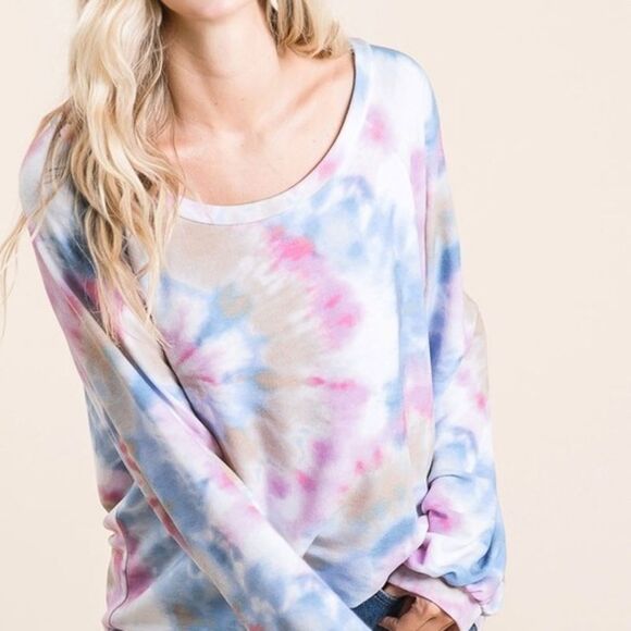 Bibi Tie Dye Terry Top Puff Sleeves Oversized Shirt sz Medium - Picture 5 of 7